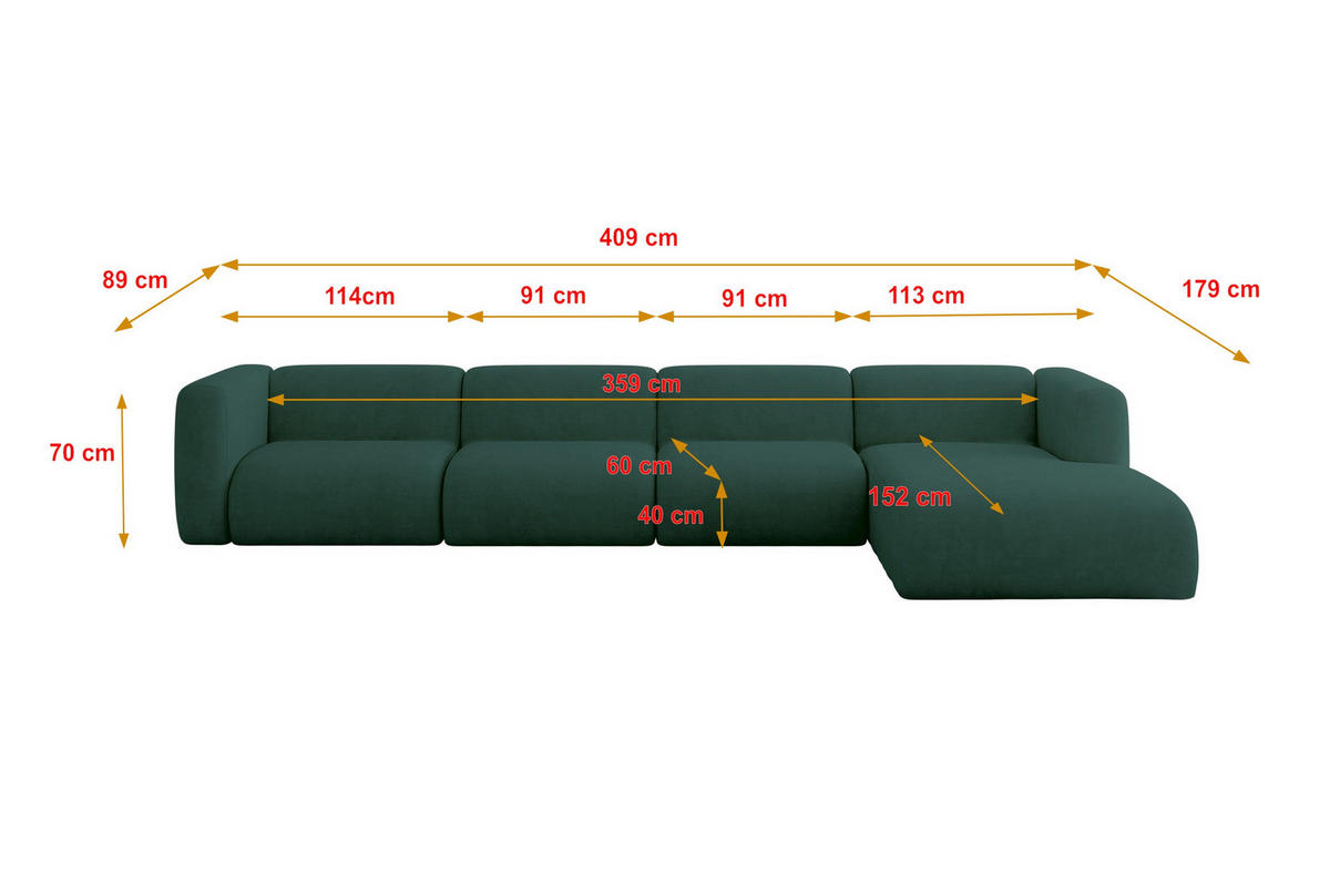 ECKSOFA Ottomane Rechts MIRA-L3 409x179x70 Grün Velours - Dunkelgrün/Schwarz, Holzwerkstoff/Kunststoff (409/179cm) - ALTDECOR