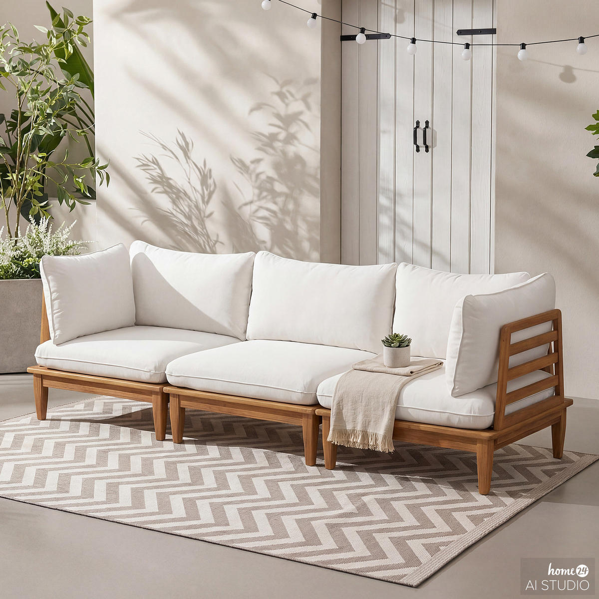 LOUNGEGRUPPE - 3-teilig - Akazie massiv / Webstoff - Akazie Braun / Creme - Creme/Akaziefarben, Holz/Textil - home24