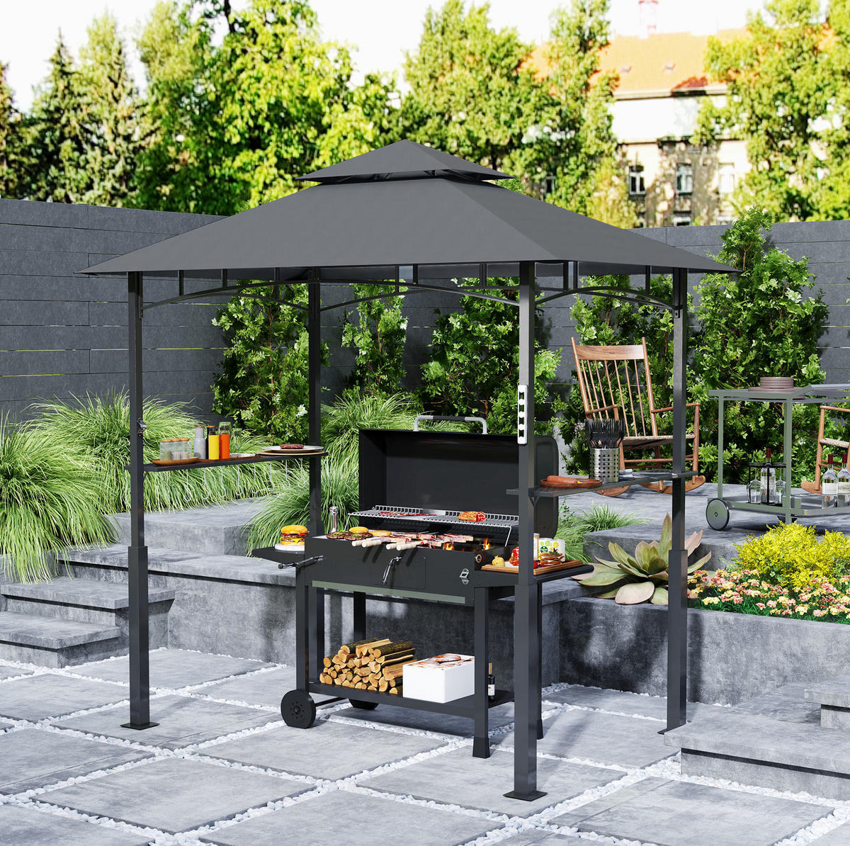 PERGOLA Grillpavillon 243/148/248 cm aus Metall mit Doppeldach und LED-Licht Dunkelgrau - Dunkelgrau, Metall (243/248/148cm) - Modenvie