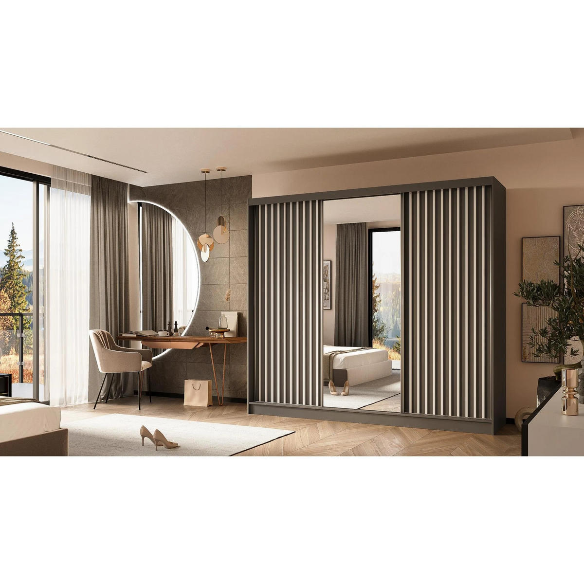 SCHWEBETÜRENSCHRANK Helix 240/216/61 grau+weiß - Weiß/Grau, Holzwerkstoff (240/216/61cm) - Beautysofa