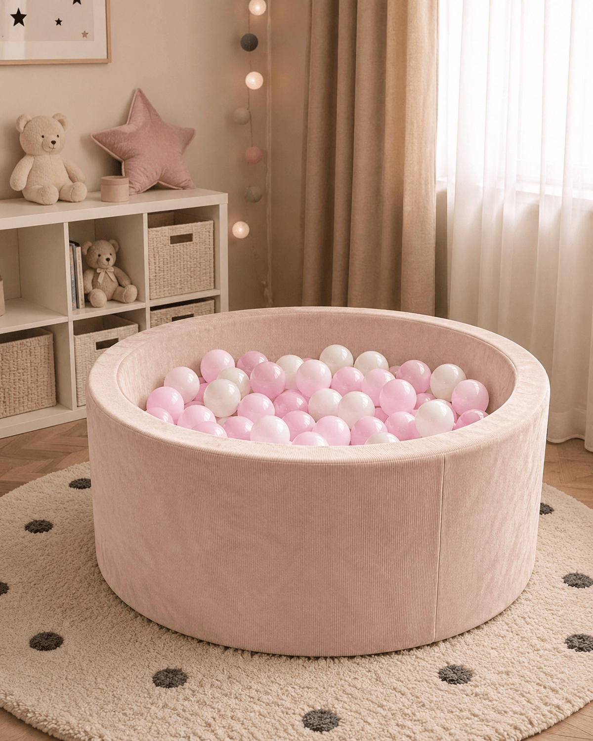 BÄLLEBAD für Babys Hellbeige Ø90 × 30 cm mit 200 weißen und rosa Bällen - Creme, Textil (90/30cm) - AngeLove