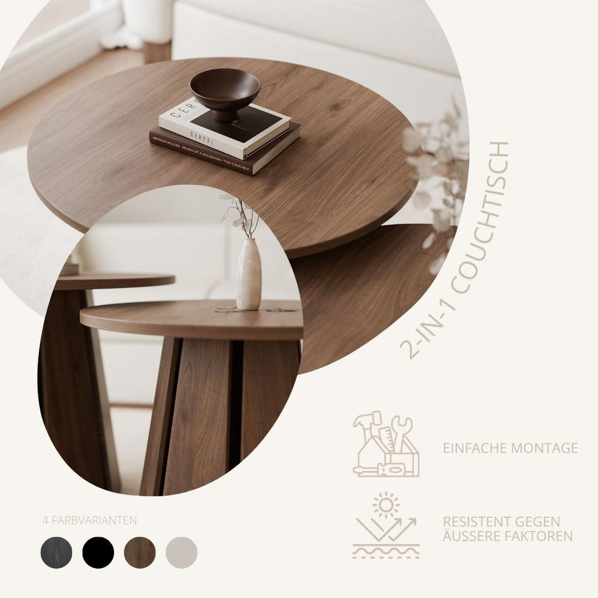COUCHTISCH-SET VERDA, 2-teilig, Farbe Okapi Nuss, Ø 57/67 cm - Nussbaumfarben, Holz (67/67/57cm) - Idohome