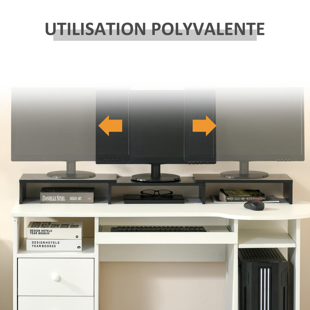 MONITORSTÄNDER DE-16715 ausziehbar 80-117 cm, mit 3 Fächern Schwarz - Schwarz, Holzwerkstoff (117/23.5/10cm) - ComfortXL