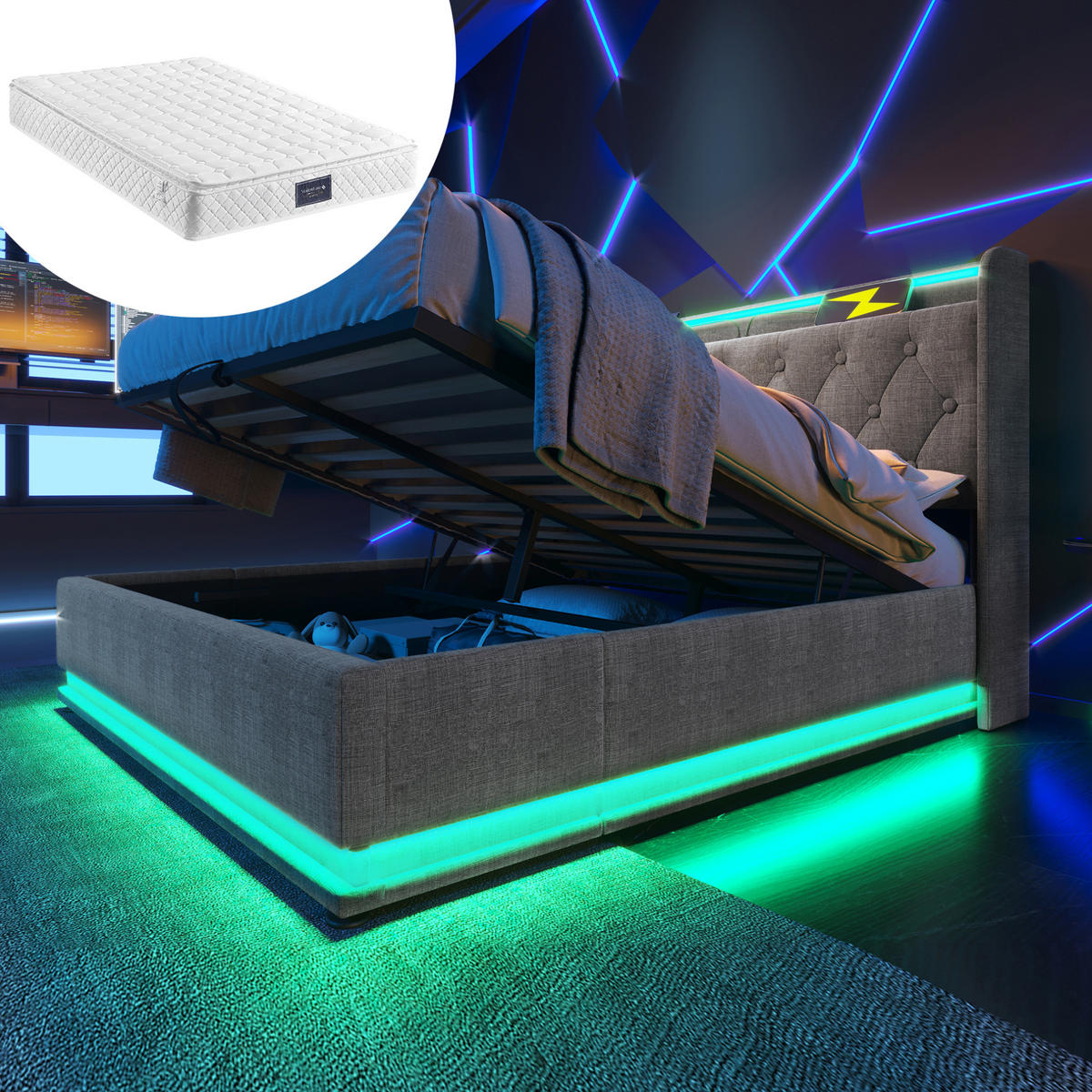 BETT mit Stauraum, LED und Matratze 160x200 cm Leinen Grau - Grau, Metall (160/200cm) - Meubliv