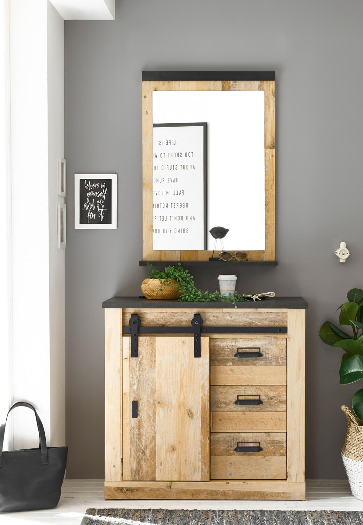 GARDEROBENSPIEGEL Used Wood hell, anthrazit, Wandspiegel mit Ablage 66 x 95 cm - Eichefarben/Anthrazit, Holzwerkstoff (66/95/10cm) - Furn.Design