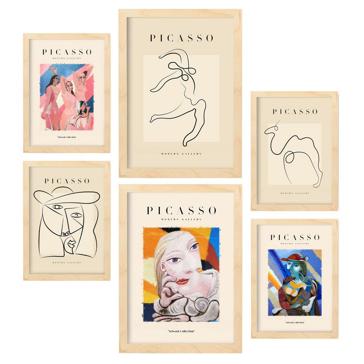 POSTER Set Mit 6 Schwarze Tintenharmonie Größe A3 & A4 Rahmen aus hellem Holz - Beige, Papier (29.7/1cm) - Nacnic