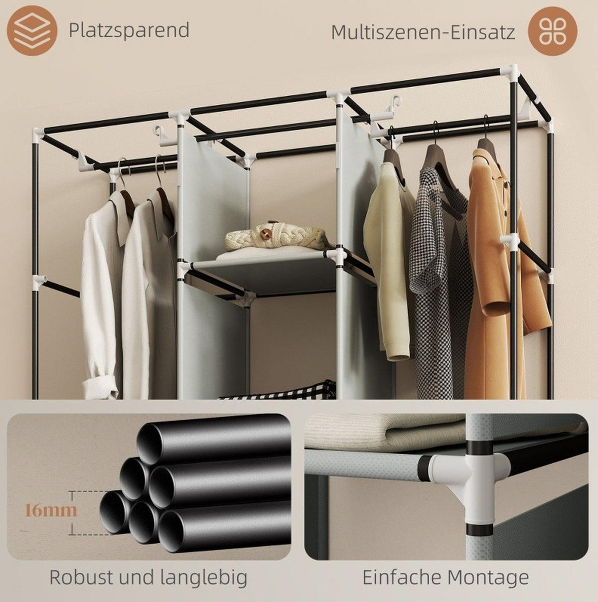 KLEIDERSCHRANK 125/43/162,5 cm mit 3 Schubladen und 2 Kleiderstangen in Hellgrau - Hellgrau, Metall (125/162.5/43cm) - BEAOK