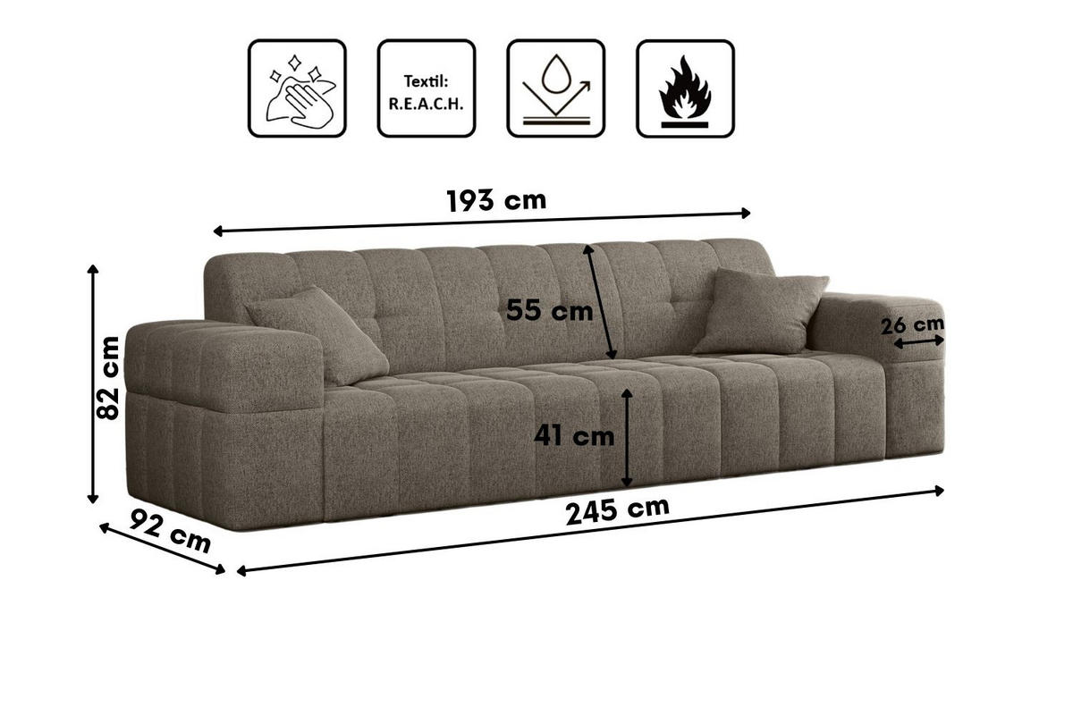 SOFA 3-Sitzer NIMES Stoff Verita Dunkelbeige - Hellbraun, Holz (245/82/92cm) - Kaiser Möbel