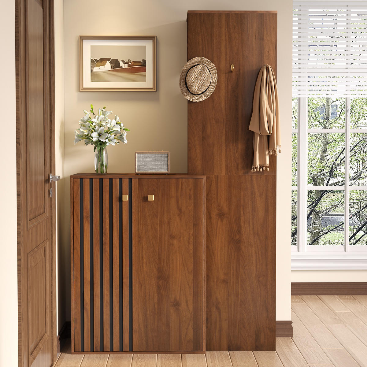 SCHUHSCHRANK aus MDF 115x38,5x191,5cm in Nussbaum mit Garderobe - Nussbaumfarben, Holzwerkstoff (115/191.5/38.5cm) - Modfu