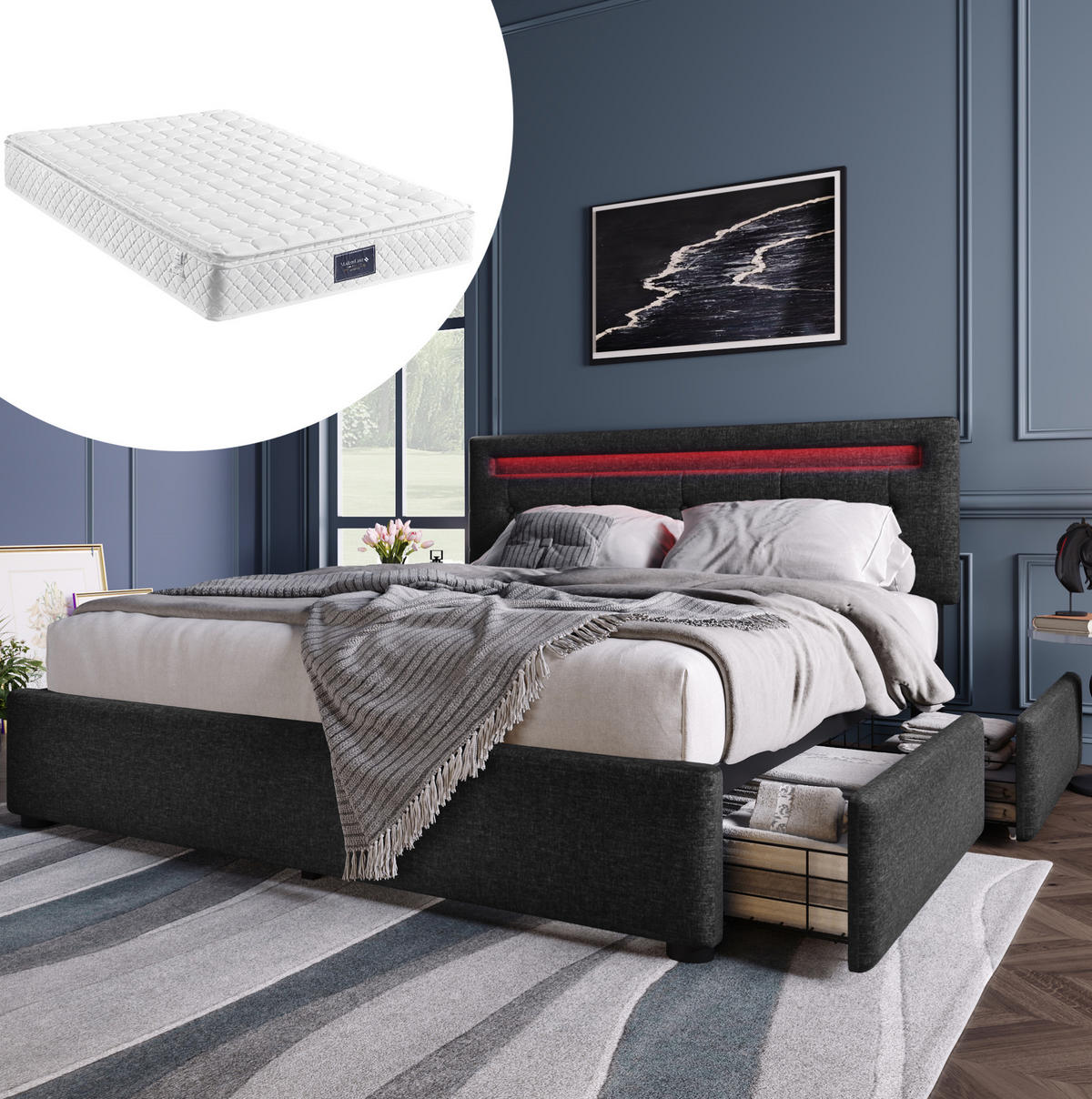 POLSTERBETT 140/200 cm Schwarz aus Leinen mit LED-Beleuchtung und 4 Schubladen - Schwarz, Textil (140/200cm) - OKMYHOME