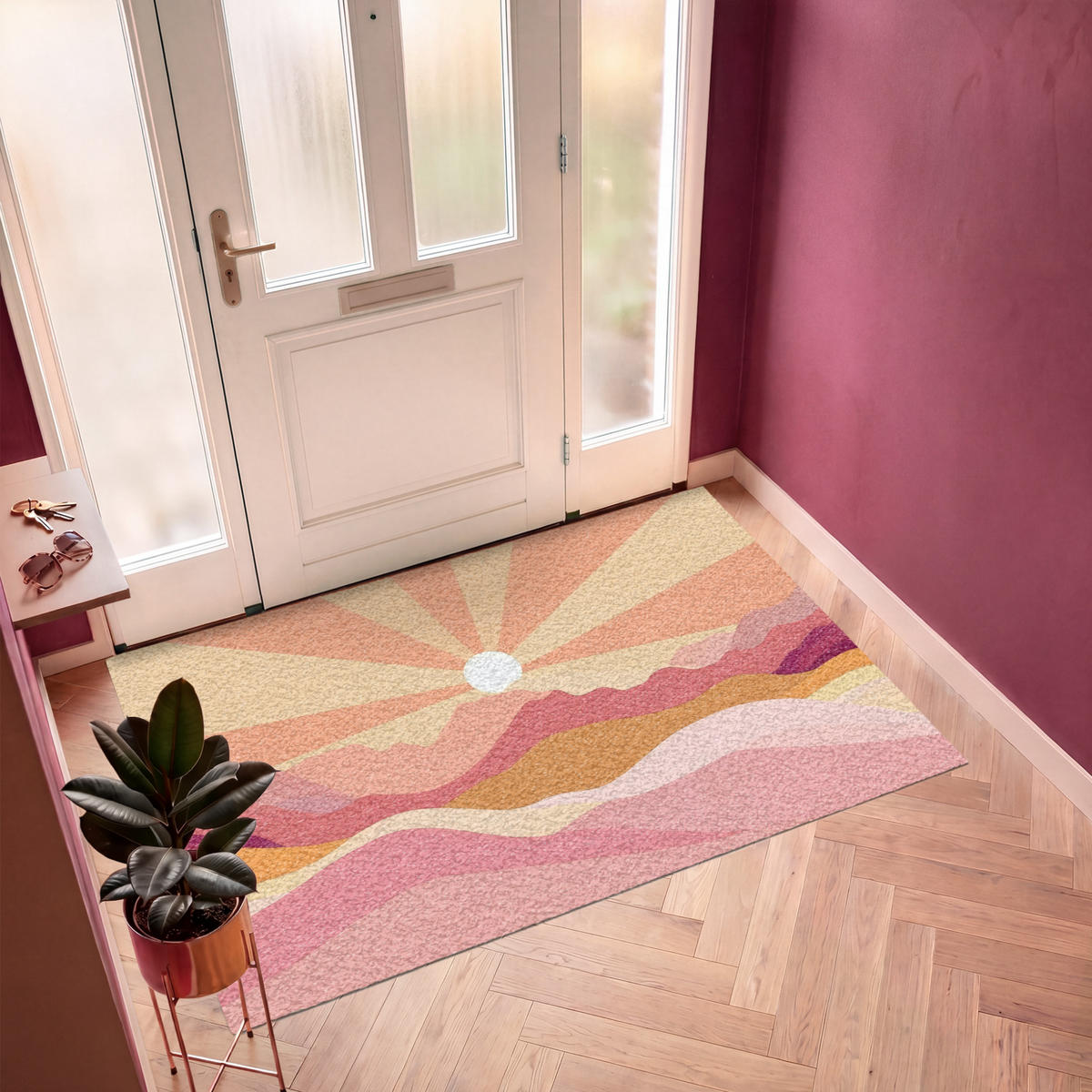 FUSSMATTE Berge - Abstrakt - Sonnenstrahlen - Rosa Sauberlaufmatte 180x120 cm - Rosa, Kunststoff (180/120cm) - MuchoWow