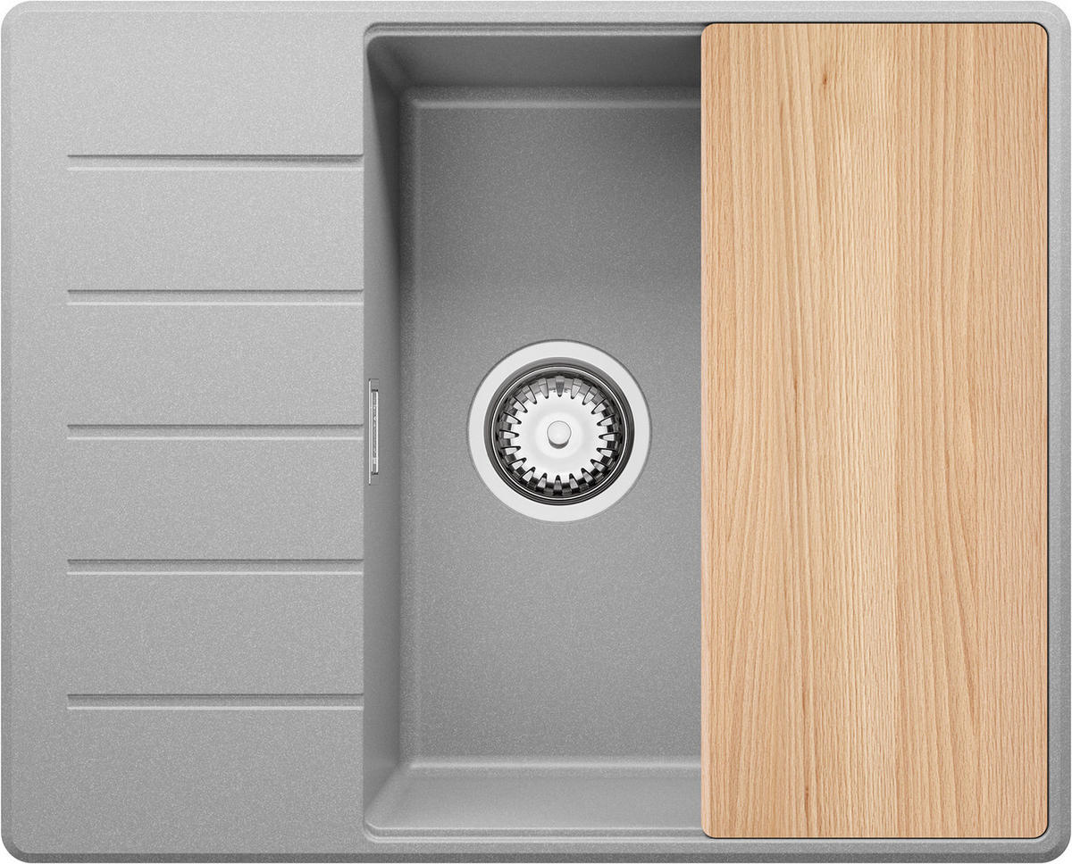 SPÜLBECKEN Kopenhagen, 2-er set Grau 62/50 cm 1 Becken + Ablauf-Set + Schneidebrett ab 50er Unterschrank - Chromfarben/Beige, Kunststoff (62/20/50cm) - Primagran