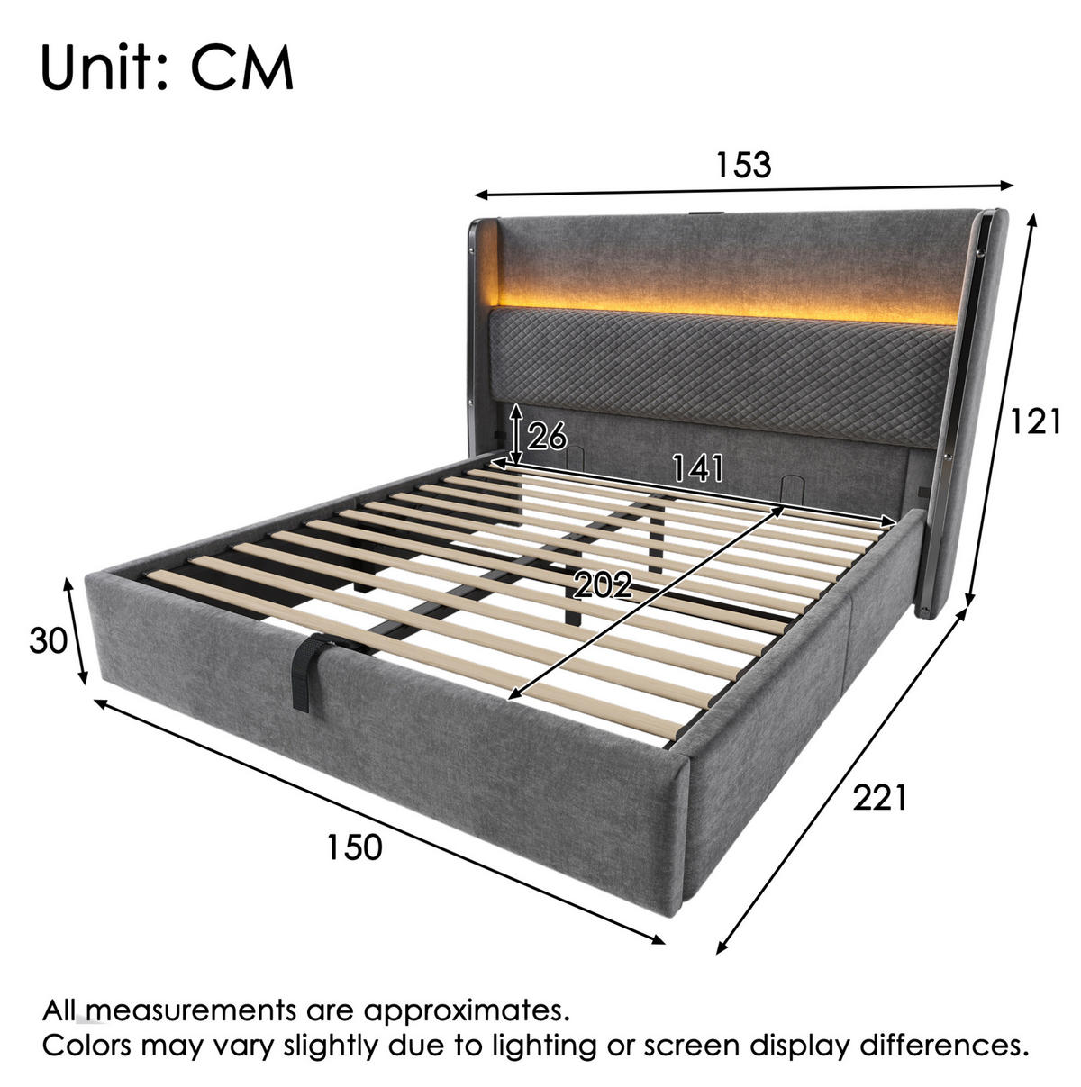 POLSTERBETT 140/200 cm mit hydraulischem Bettkasten, LED & USB/Type-C, hohes Kopfteil, Grau - Grau, Textil (140/200cm) - Redom