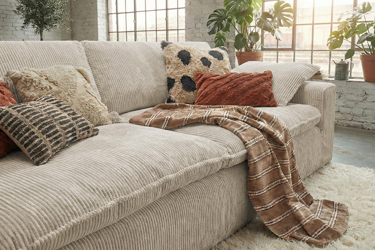 SOFA NETTA Cremeweiß Cord - Creme/Braun, Birkenholz/Textil (226/90/116cm) - KAWOLA