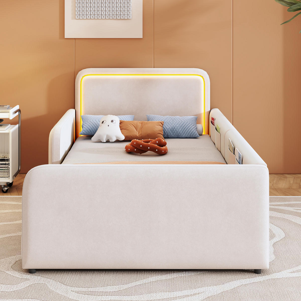 POLSTERBETT 90x200cm LED App Steuerung Seitentasche Beige - Beige, Textil (90/200cm) - FLIEKS