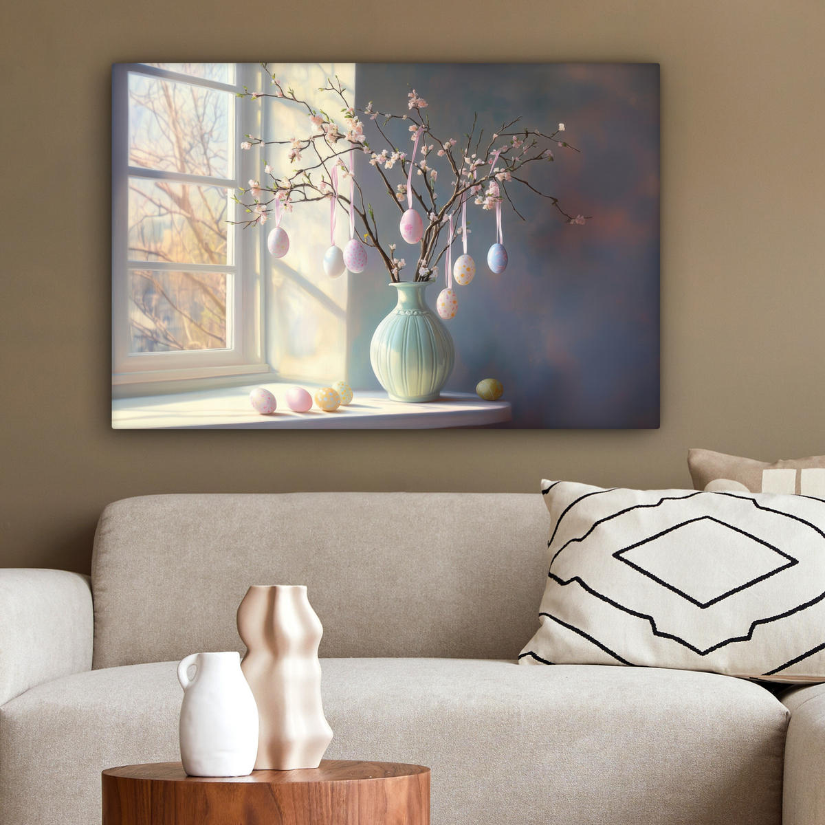 LEINWANDBILD Stillleben - Vase - Osterzweig Wanddeko 90x60 cm - Hellblau, Textil (90/60cm) - MuchoWow