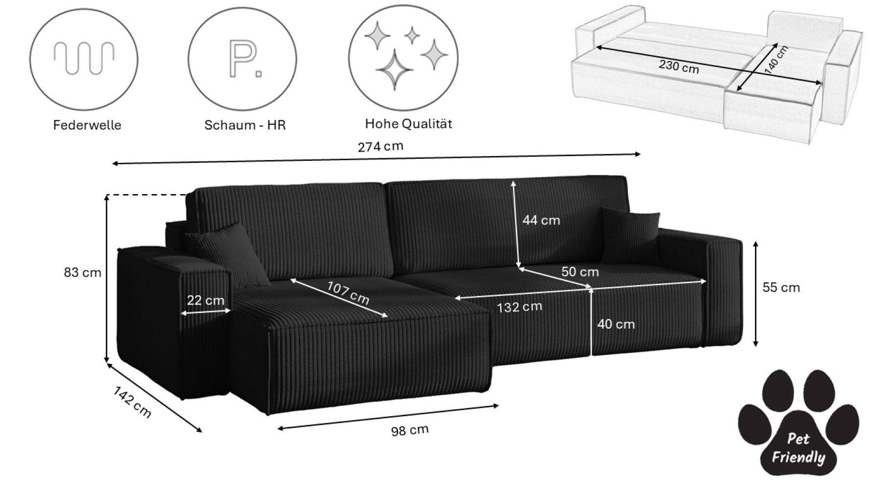 Thumbnail - Kaiser Möbel Ecksofa, Schwarz, Holz, 5-Sitzer, L-Form, 274x142 cm, Wohnzimmer, Sofas & Couches, Wohnlandschaften, Ecksof...
