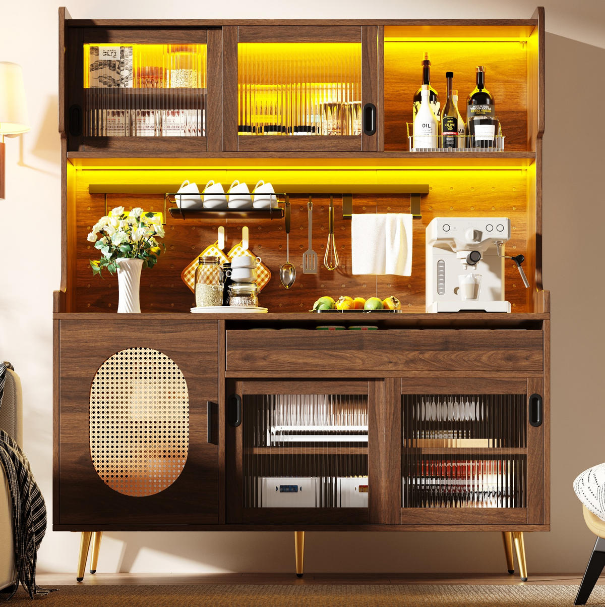 BIFE omara z LED-osvetlitvijo, MDF, rjava, 145/39/171 cm - rjava, leseni material (39/171/145cm) - OKMYHOME