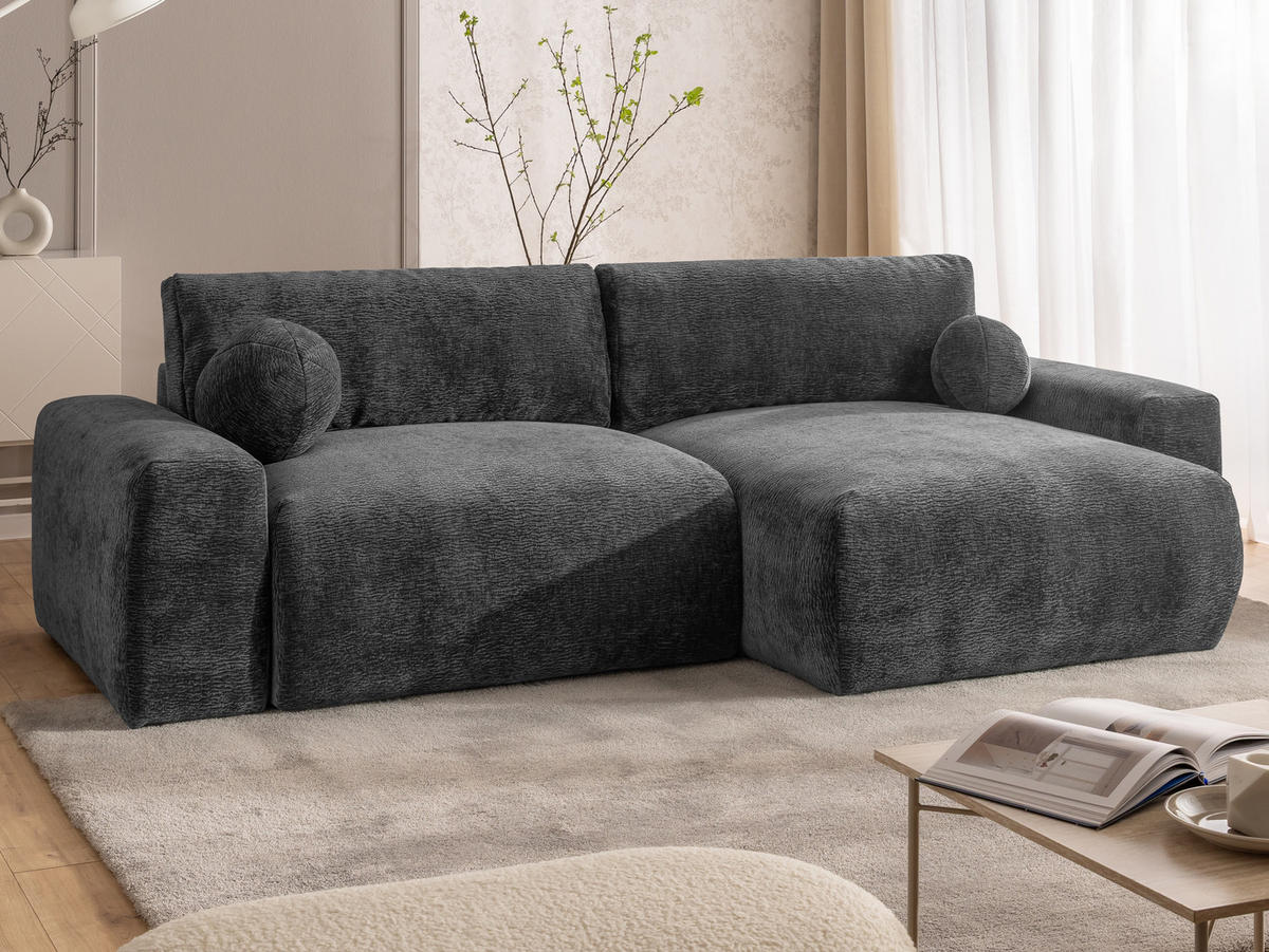 ECKSOFA Puffy mit Schlaffunktion und Bettkasten - besonders weich und puffig aus Dunkelgrau Stoff mit Chenillestruktur - Ottomane rechts - Dunkelgrau/Schwarz, Holz/Kunststoff (266/138cm) - S-Style Möbel