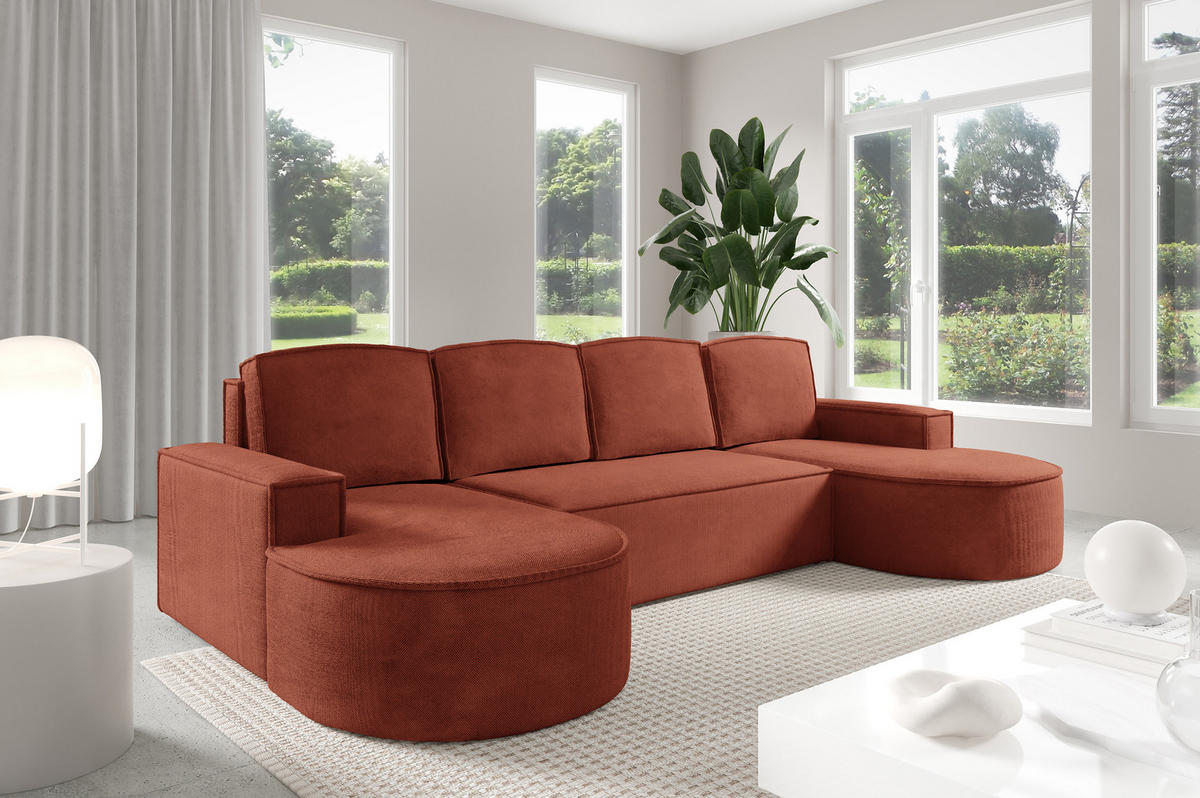 ECKSOFA MOLLY U Freistehendes, mit Schlaffunktion, 140x273cm, Bettkasten und Abnehmbaren Kissen – 316x157x88cm, Curio Stoff, Braun - Rotbraun, Holz/Textil (316/157cm) - DomoHome