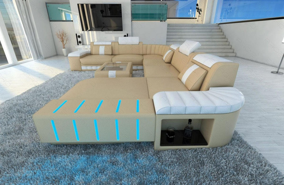 WOHNLANDSCHAFT Bellagio Sandbeige Weiß Büffelleder - Sandfarben, Leder (362/80/287cm)