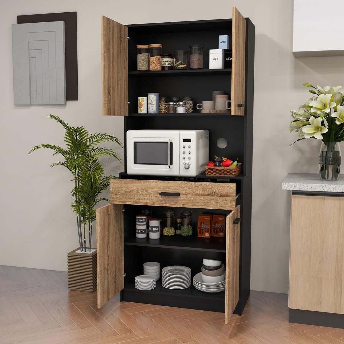 BUFFET DE-11071 Industrie-Design, 4 Türen Schwarz/Natur - Naturfarben, Holzwerkstoff (40/180/80cm) - ComfortXL