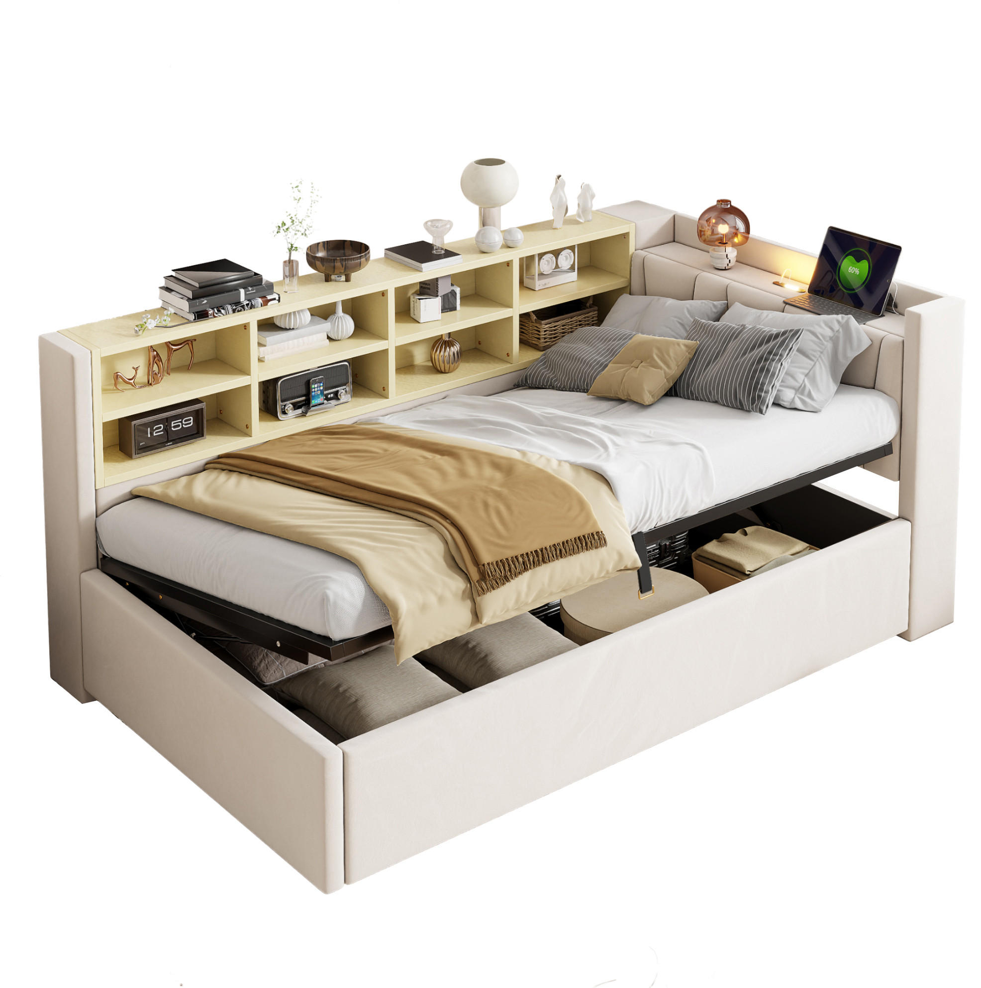 POLSTERBETT 90/200 cm Beige mit Stauraum mit LED-Beleuchtung aus Samt - Beige, Textil (90/200cm) - OKWISH