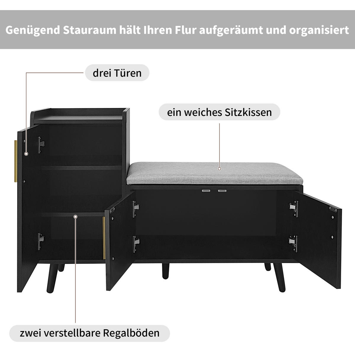 SCHUHBANK mit drei Stauraumtüren Schwarz MultiStore - Schwarz, Holzwerkstoff/Metall (100/68.5/34cm) - Kaket