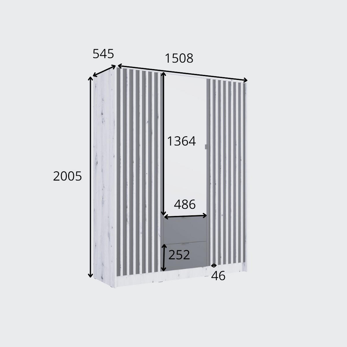 DREHTÜRENSCHRANK SATREN 150,8/200,5/54,5cm 3-türig mit Spiegel Schwarz - Schwarz/Eiche Artisan, Holzwerkstoff (150.8/200.5/54.5cm) - MASSENO