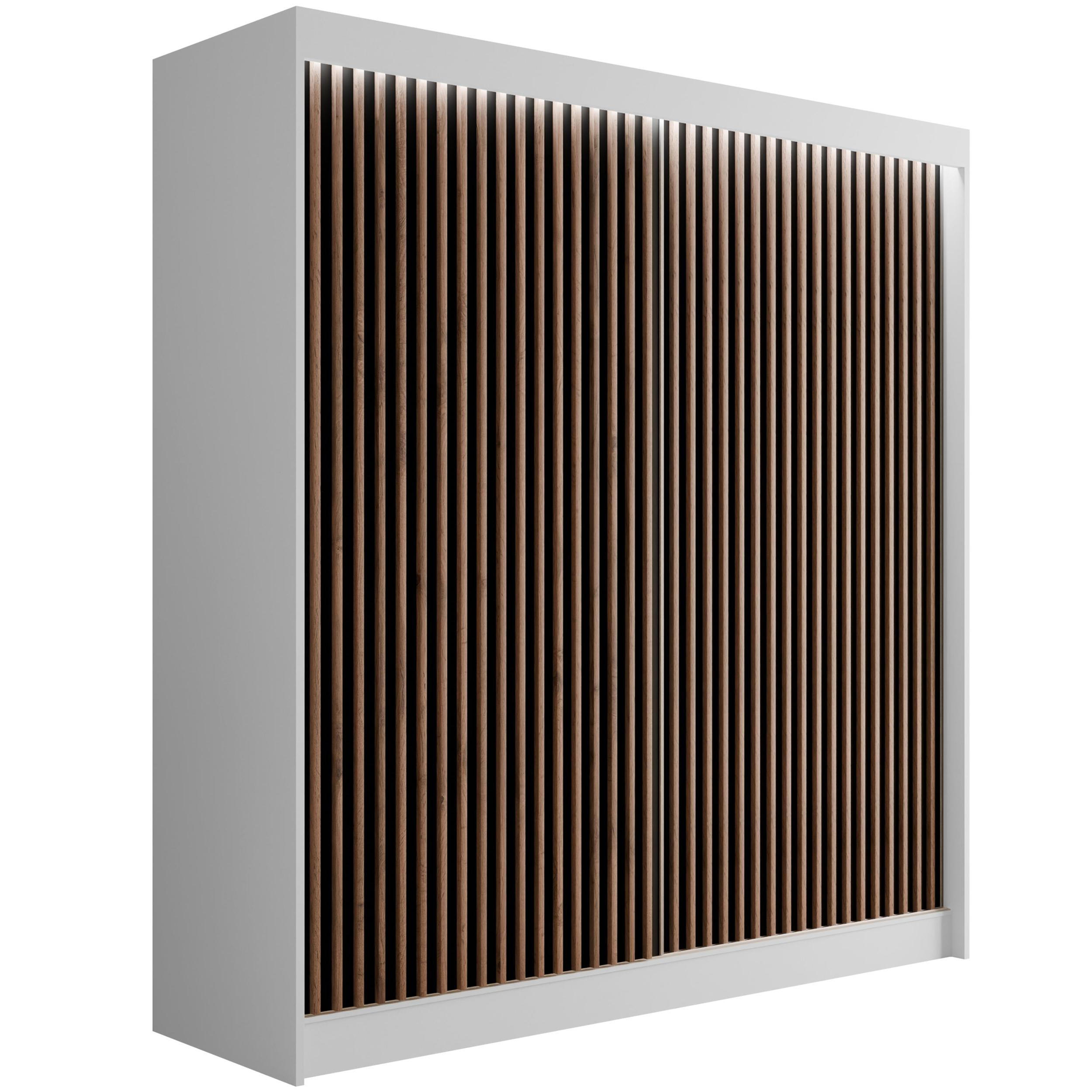 ALTDECOR ŠATNÍ SKŘÍŇ s LED, lamelové posuvné dveře VILANv2 – 200 cm bílá + lamely dub wotan
