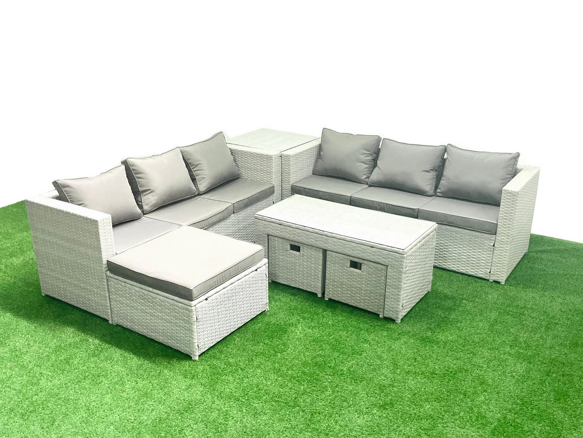 GARTENSOFA hohe Rückenlehne Polyrattan Hellgrau-Mix 9-Sitzer - Hellgrau/Grau, Glas/Kunststoff - Fimous