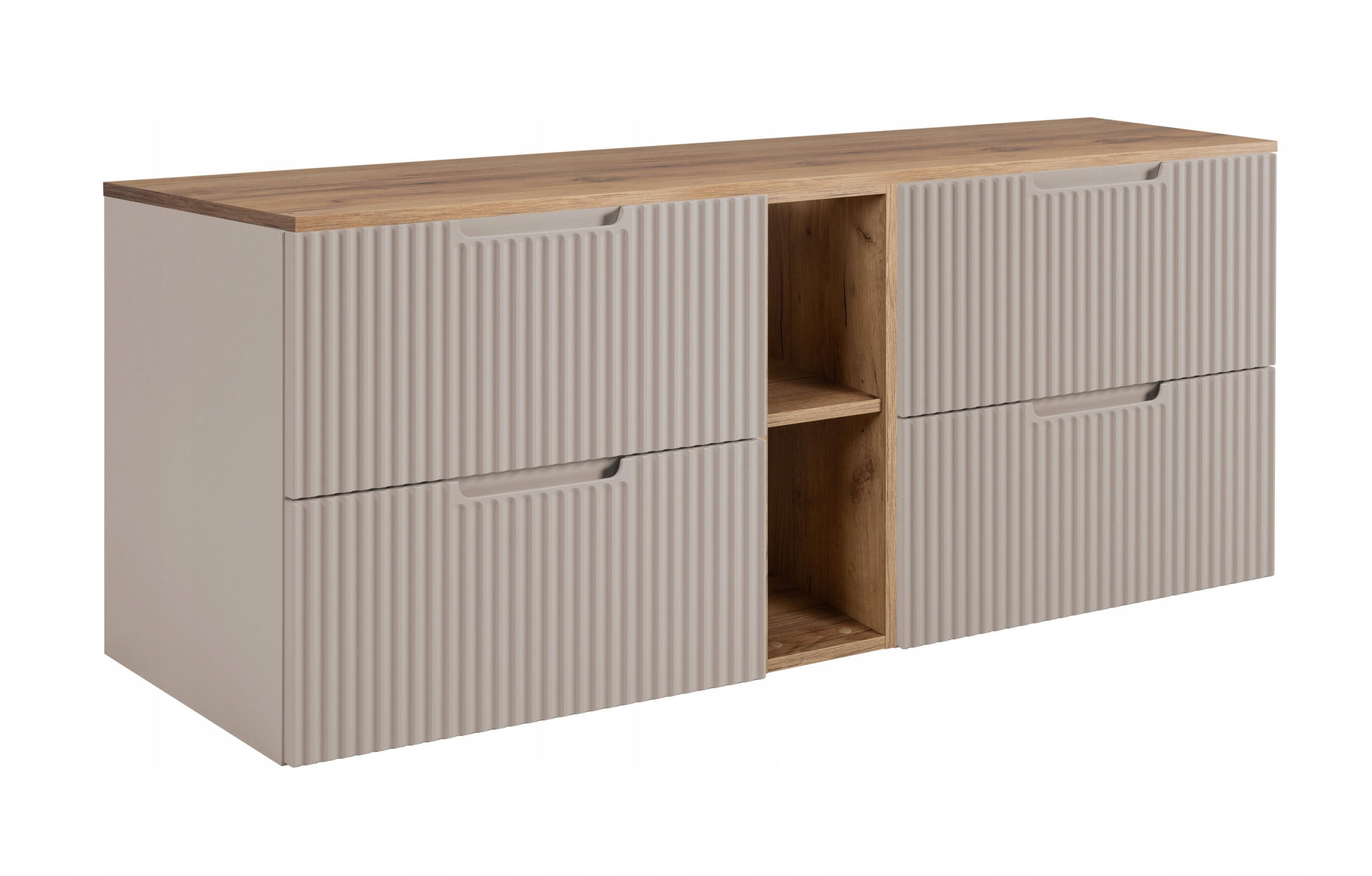 WASCHBECKUNTERSCHRANK VENA 140 cm mit Arbeitsplatte Farbe: Eichen Craft mit einem Regal Gerillte Vorderseite Kaschmir - Kaschmir/Eichefarben, Holzwerkstoff (140/58/46cm) - Rodan