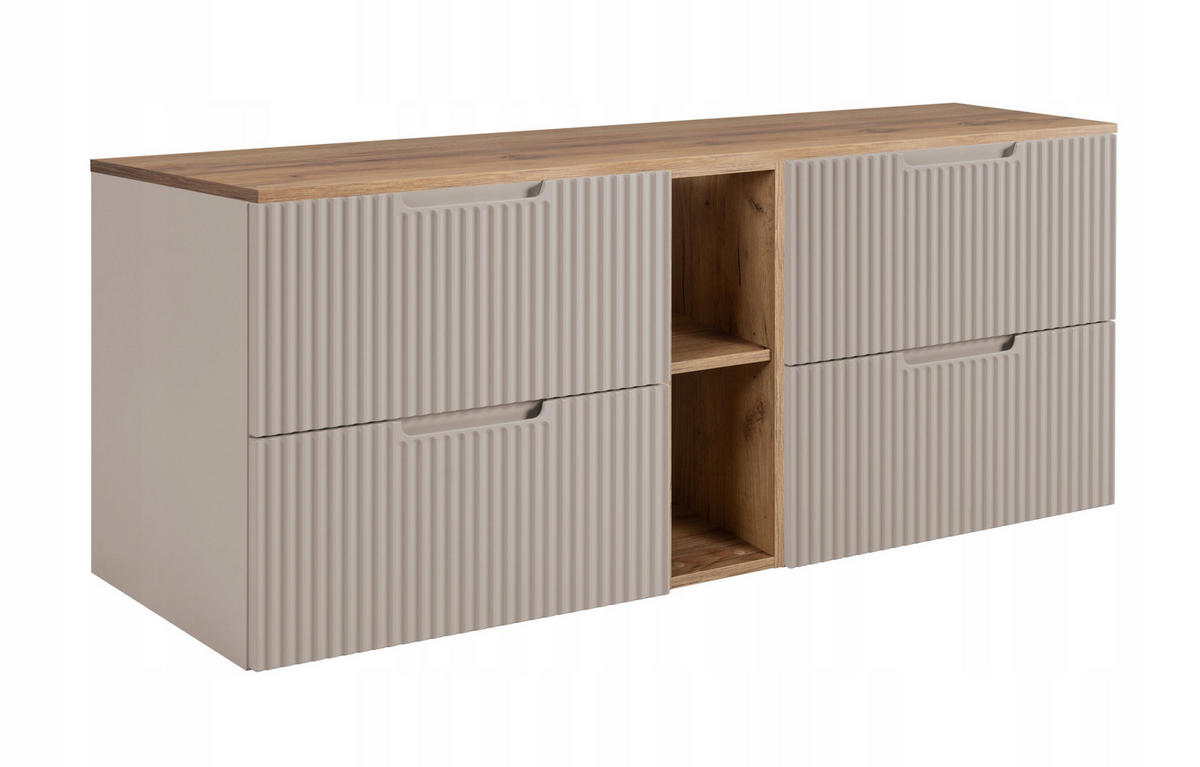 WASCHBECKUNTERSCHRANK VENA 140 cm mit Arbeitsplatte Farbe: Eichen Craft mit einem Regal Gerillte Vorderseite Kaschmir - Kaschmir/Eichefarben, Holzwerkstoff (140/58/46cm) - Rodan