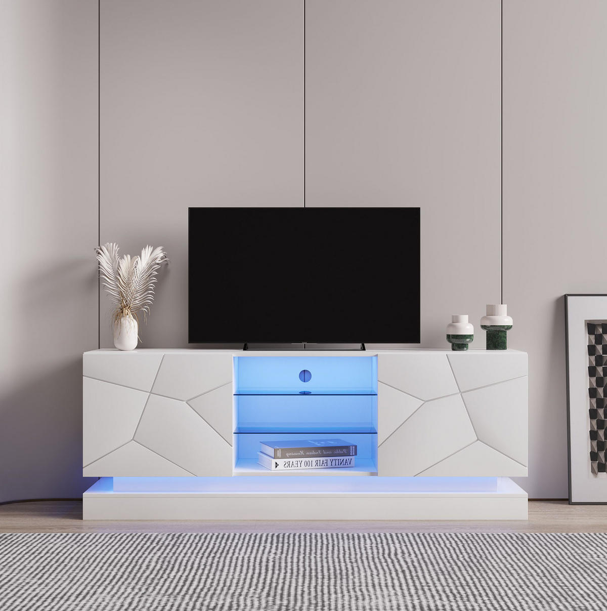 TV-ELEMENT mit Glasablage 160 cm Weiß Spanplatte - Weiß, Holzwerkstoff (38.5/60/160cm) - Beauniv