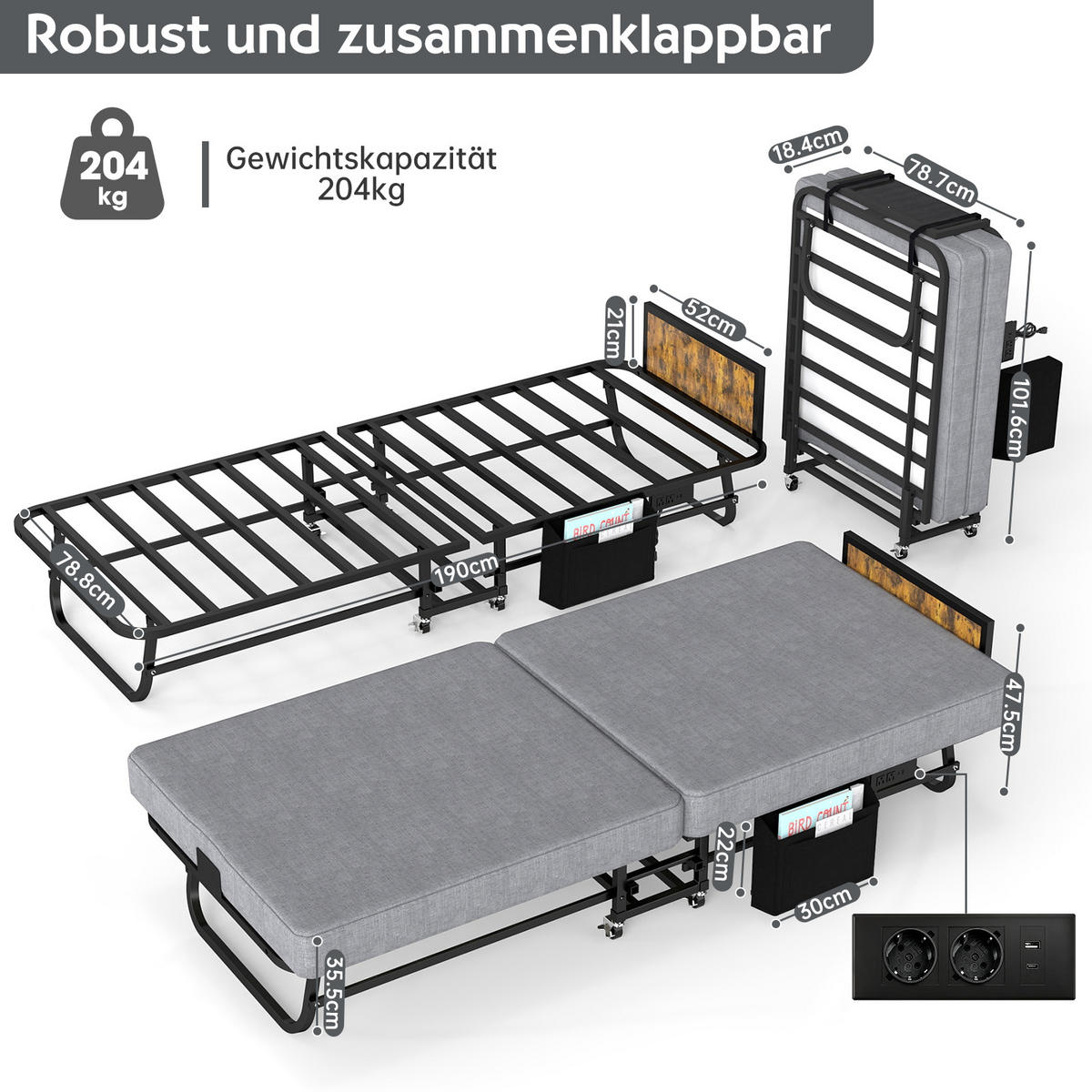 KLAPPBETT 80/190 cm mit Kopfteil und USB-Ladeanschluss, DE-41874, in Schwarz - Grau, Metall (80/190cm) - ComfortXL
