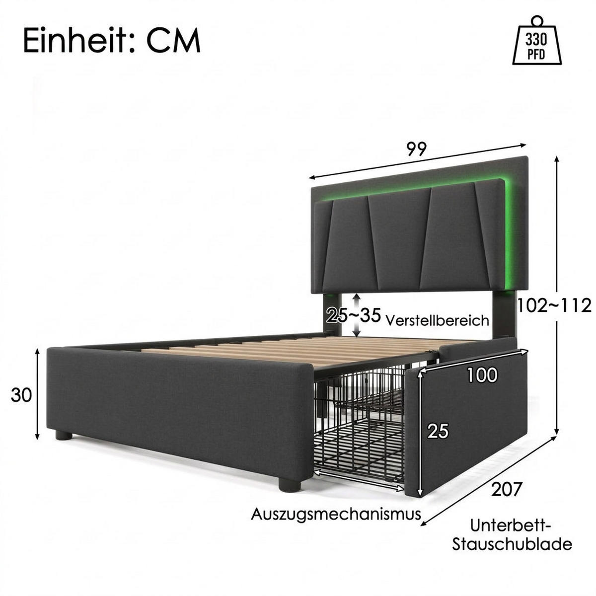 POLSTERBETT 90/200 cm Grau mit LED-Beleuchtung und 2 Schubladen - Grau, Textil (90/200cm) - Oxeza