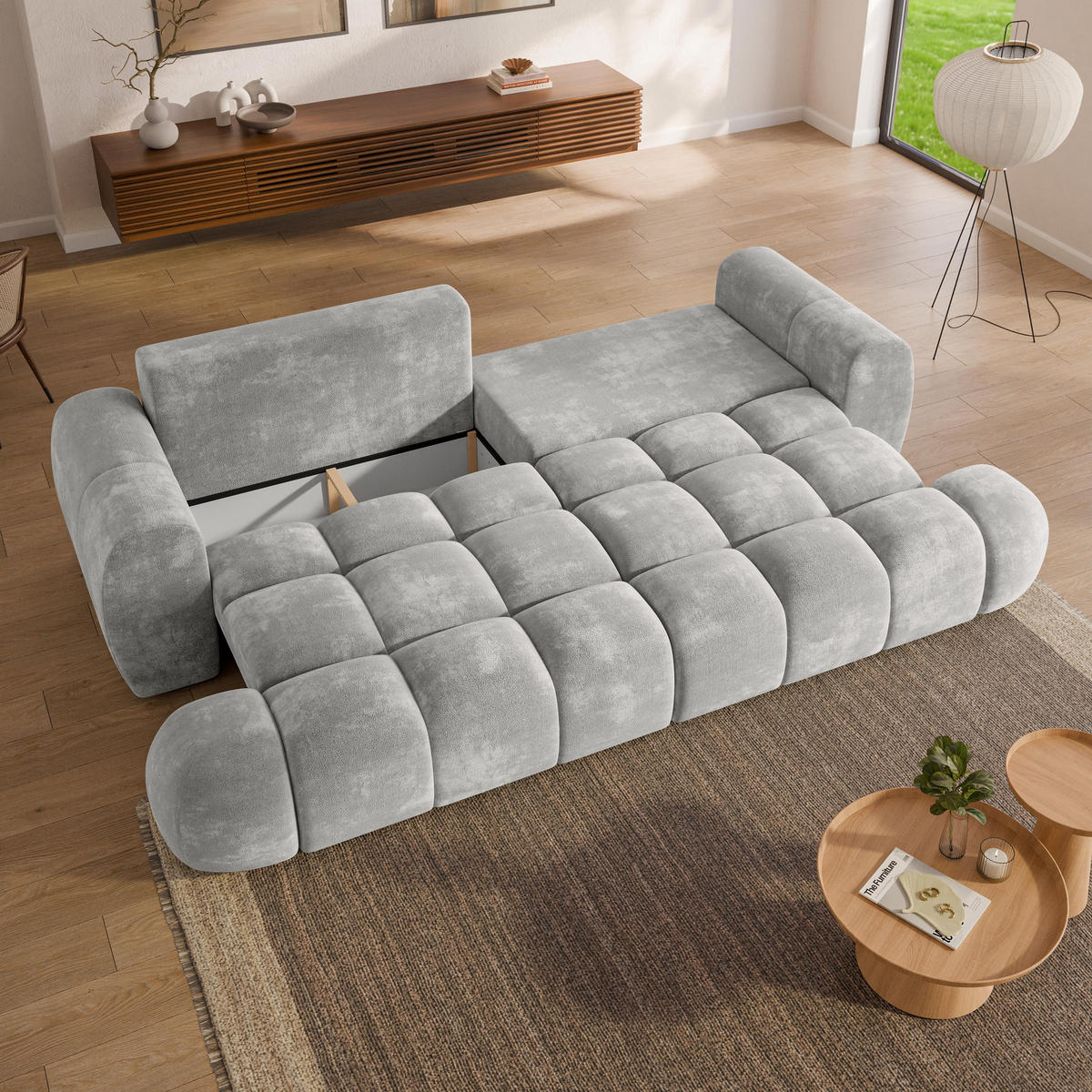 BETTSOFA DAFNE Hellgrau Chenille-Stoff mit Schlaffunktion - Hellgrau, Textil (300/88/113cm) - MASSENO