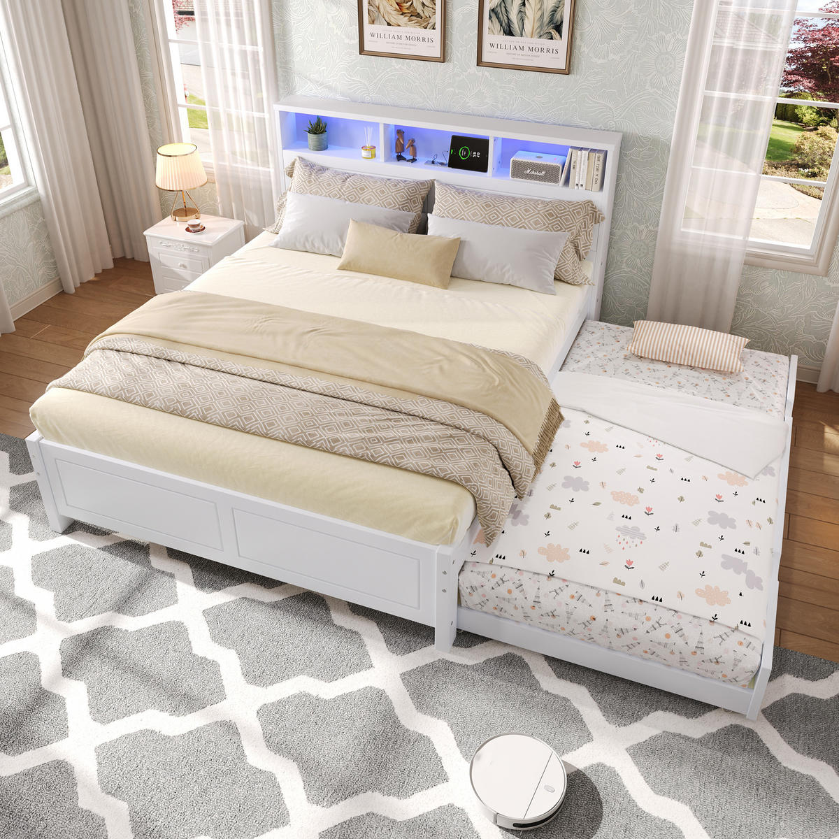 BETT 120/200 cm & 90/190 cm in Weiß mit Ausziehbett, LED, USB und Regal - Weiß, Holz/Holzwerkstoff (120/200cm) - WISHDOR