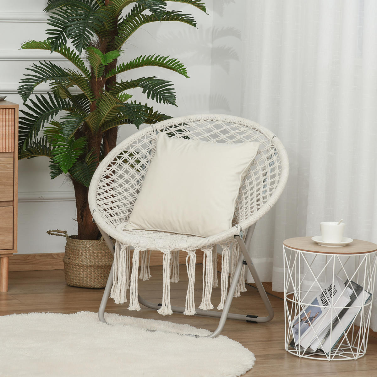 GARTENKLAPPSESSEL DE-17759 mit Makramee-Fransen Beige - Beige, Metall (64/74/77cm) - ComfortXL