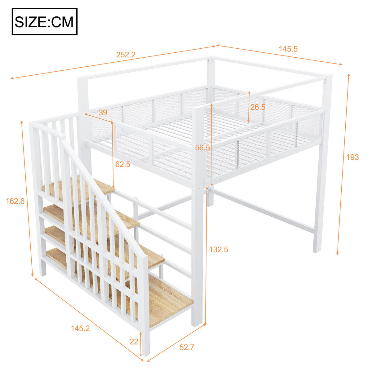 HOCHBETT Weiß 140×200cm mit Baldachin, Stauraumtreppe und freier Arbeitsfläche unter dem Bett - Weiß, Metall (140/200cm) - Luhomfu