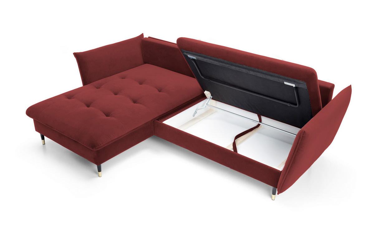 ECKSOFA GLAM mit Schlaffunktion, Ottomane & goldenen Füßen – Samtsofa im Glamour-Stil mit Zierkissen, 258x167x91cm, Linke, BURGUND - Bordeaux, Holz/Textil (167/258cm) - DomoHome