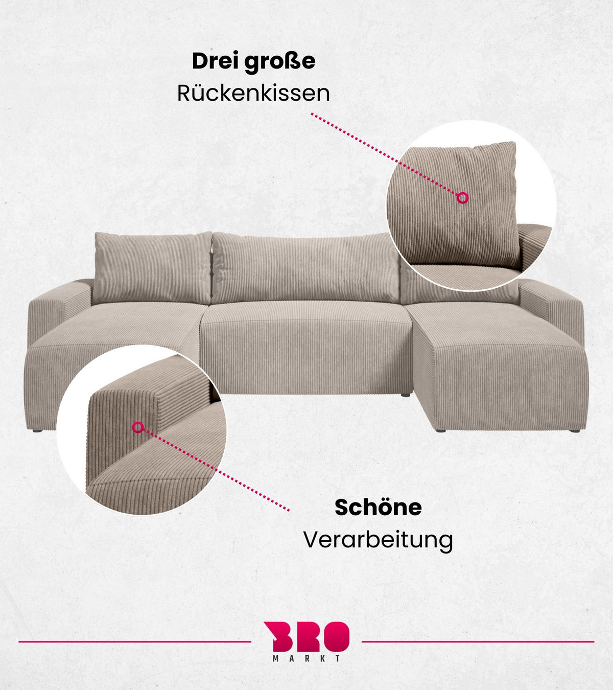 WOHNLANDSCHAFT Plush mit Schlaffunktion Beige Cord - Beige, Kunststoff/Textil (315/72/145cm) - Bromarkt