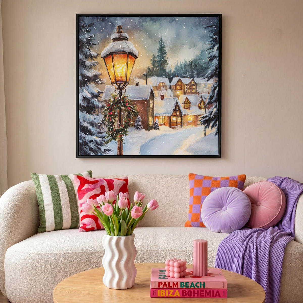LEINWAND Bilder mit Rahmen - Weihnachtsdorf - Häuser - Schnee - Weihnachten - 90x90 - Sandfarben, Textil (90/90cm) - MuchoWow
