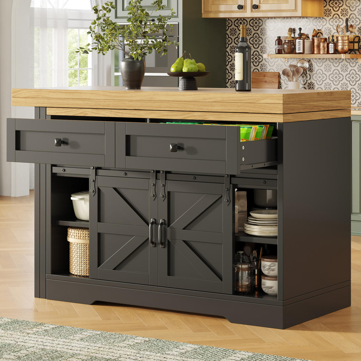 KÜCHENINSEL Drehbar Stauraum Modern - Schwarz, Holzwerkstoff (120/72/40cm) - FLIEKS