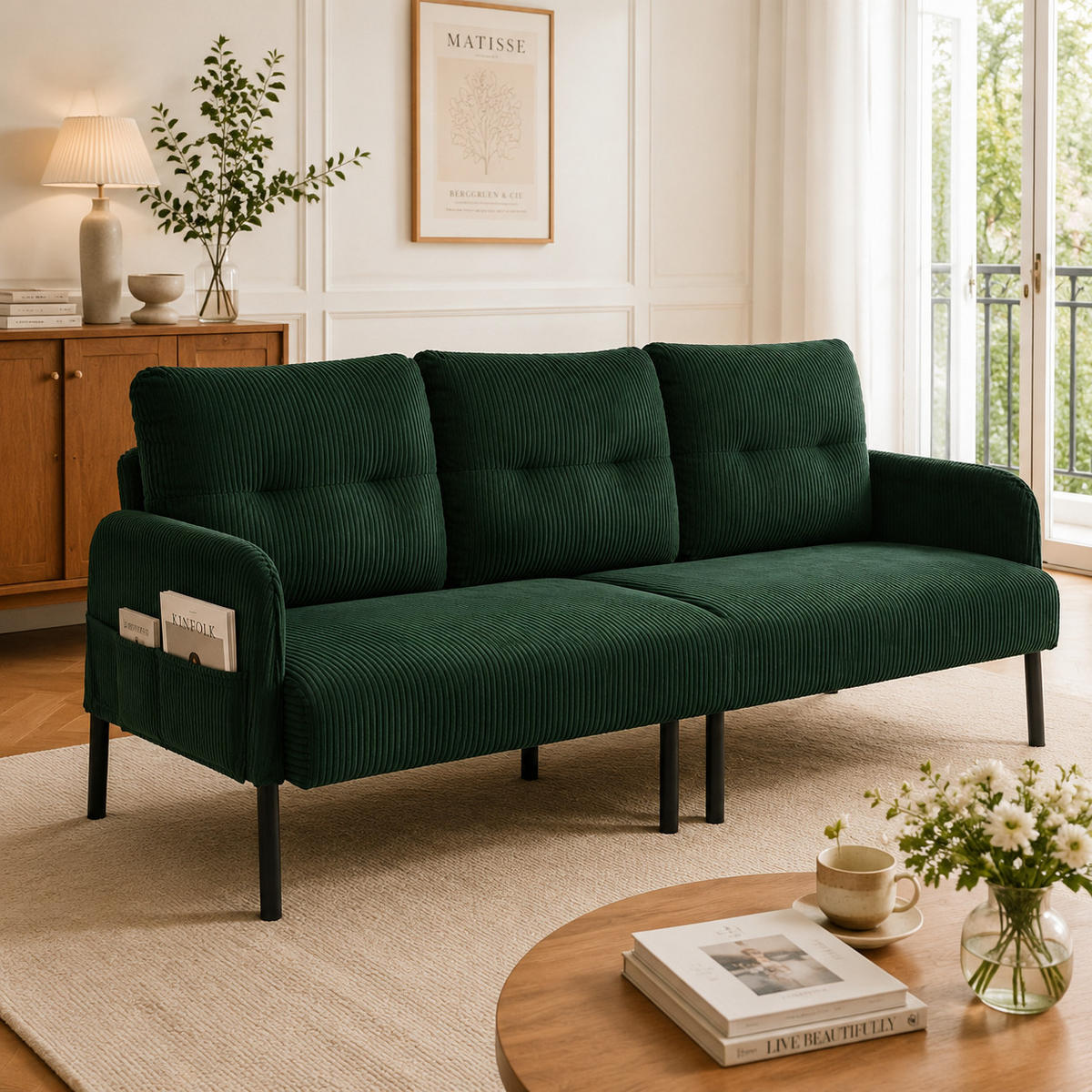 3-SITZER-SOFA DE-33596 mit Seitentaschen Smaragdgrün - Grün, Metall (171/80/72cm) - ComfortXL