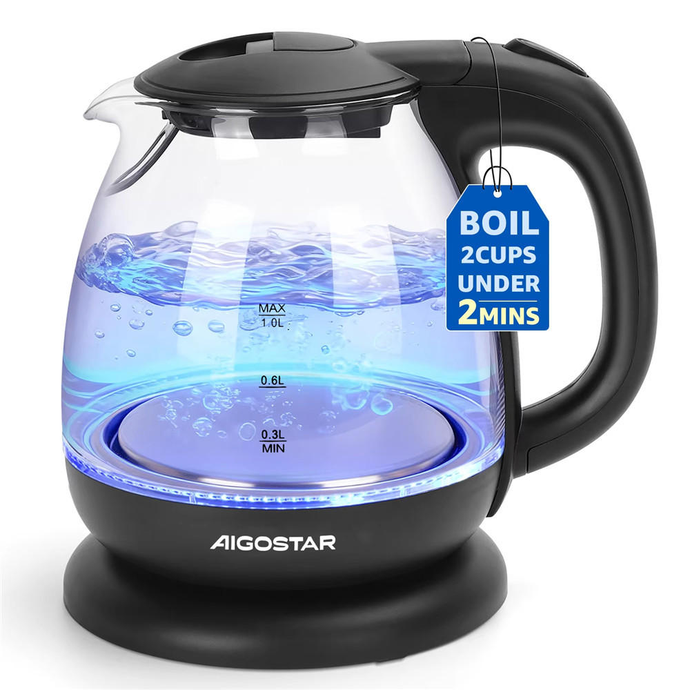 WASSERKOCHER Glas Mini 1L 2200W LED BPA-frei Schwarz - Schwarz, Glas (21.5/22.1/17.5cm) - Kaket
