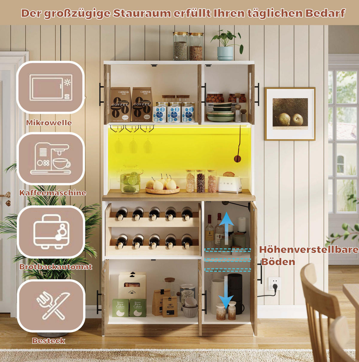 BUFFET aus MDF 100x40x180 cm Weiß/Natur mit LED-Beleuchtung, Steckdosenleiste und Weinregal - Weiß, Holzwerkstoff (100/180/40cm) - Modfu