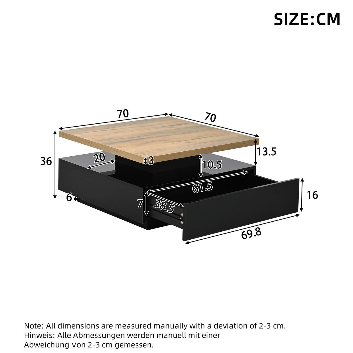 COUCHTISCH aus Spanplatte 70x70x36 cm Schwarz/Walnuss mit 360° drehbarer Tischplatte und Schublade - Schwarz, Holzwerkstoff (70/70/36cm) - IVMEU
