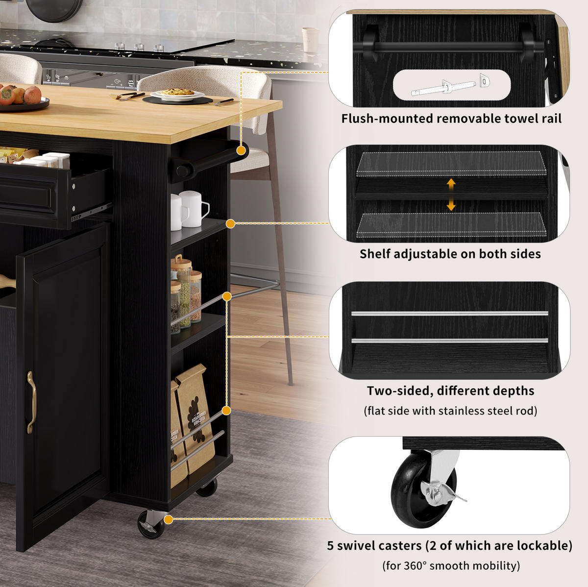 KÜCHENINSEL mit Klappplatte 120 cm Schwarz/Natur MDF - Schwarz, Holz (70/92/120cm) - Beauniv