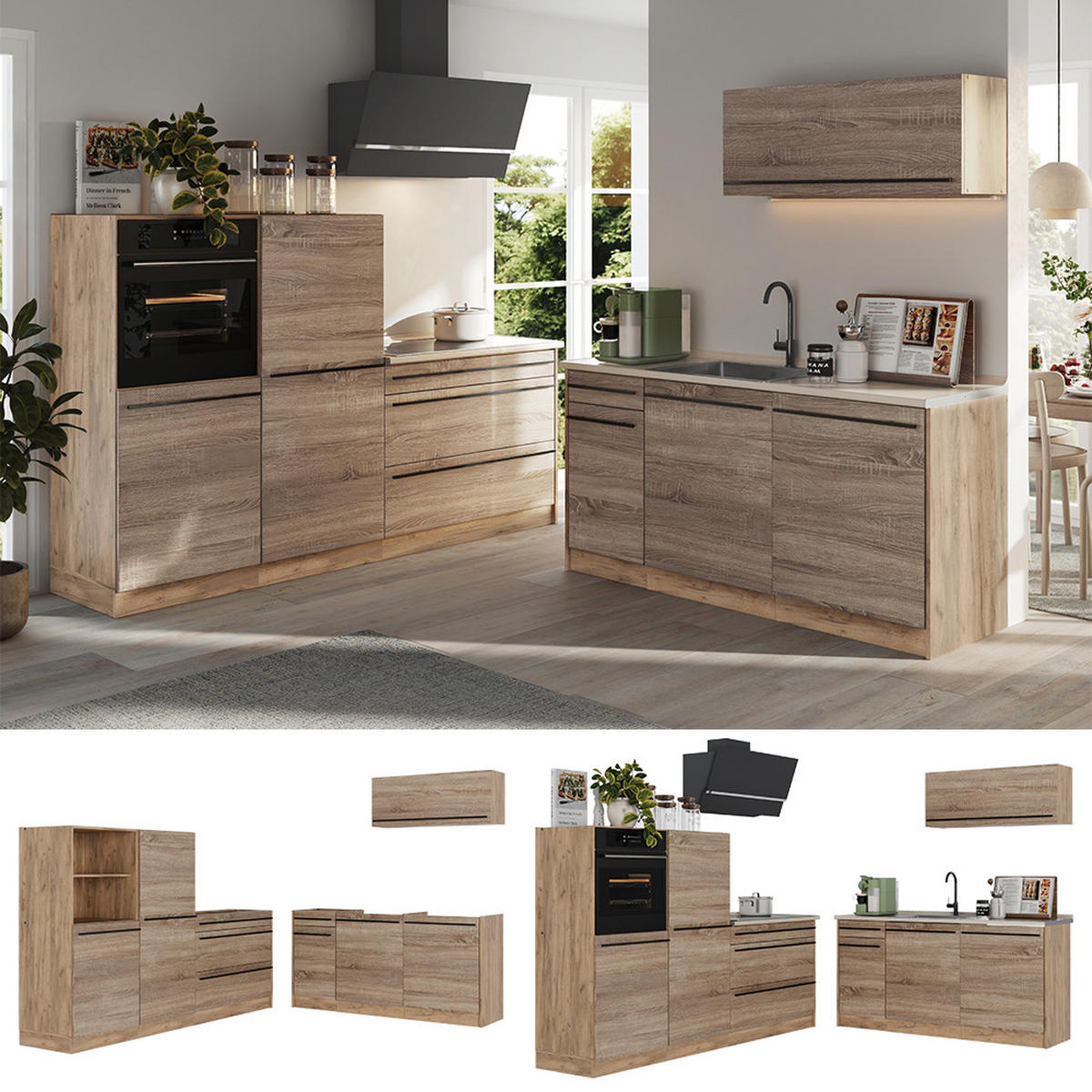 KÜCHENZEILE R-Line, Sonoma/Goldkraft Eiche, 220 cm ohne Arbeitsplatte - Eichefarben/Sonoma Eiche, Holzwerkstoff (220/143/46cm) - Vicco